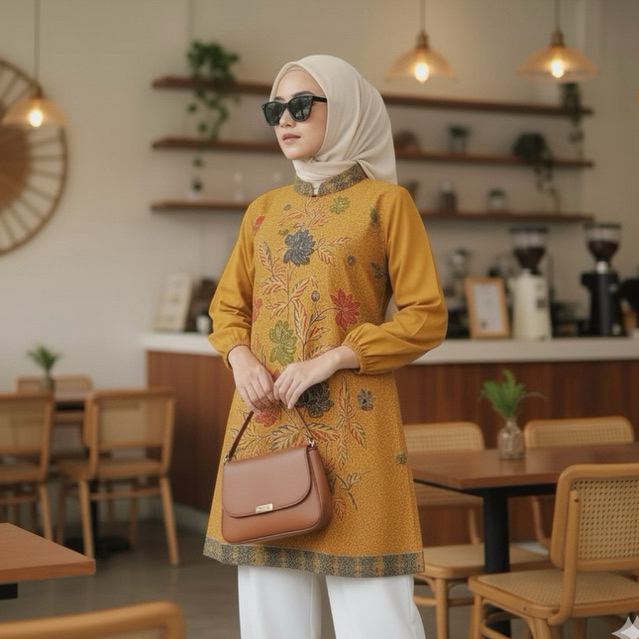 Shanaya Batik Tunik Batik Bunga Kombinasi Toyobo Warna Mustard Seragam kantor