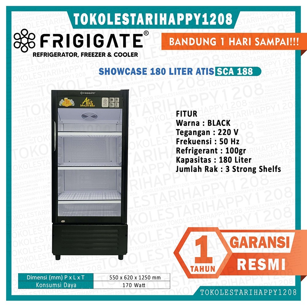 Showcase Lemari Pendingin Minuman FRIGIGATE ATIS 188 3 Rak Besar Hemat Listrik & Kaca Bening Garansi