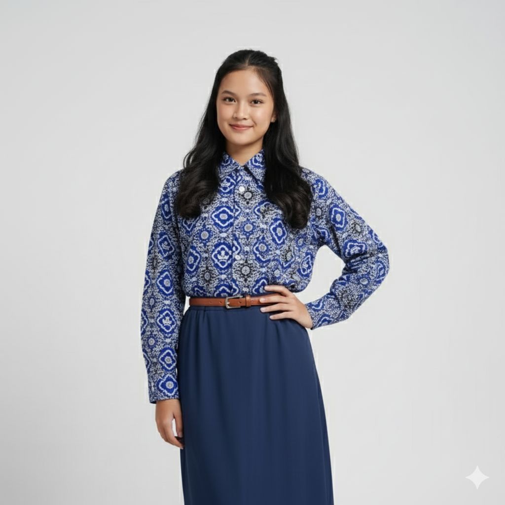 Batik Sekolah SMP Motif Tunas Harapan Biru Lengan Panjang