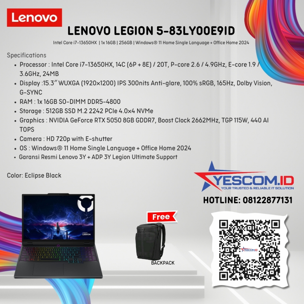 Lenovo Legion 5- 83LY00E9ID Intel Core i7-13650HX 16GB SSD 512GB