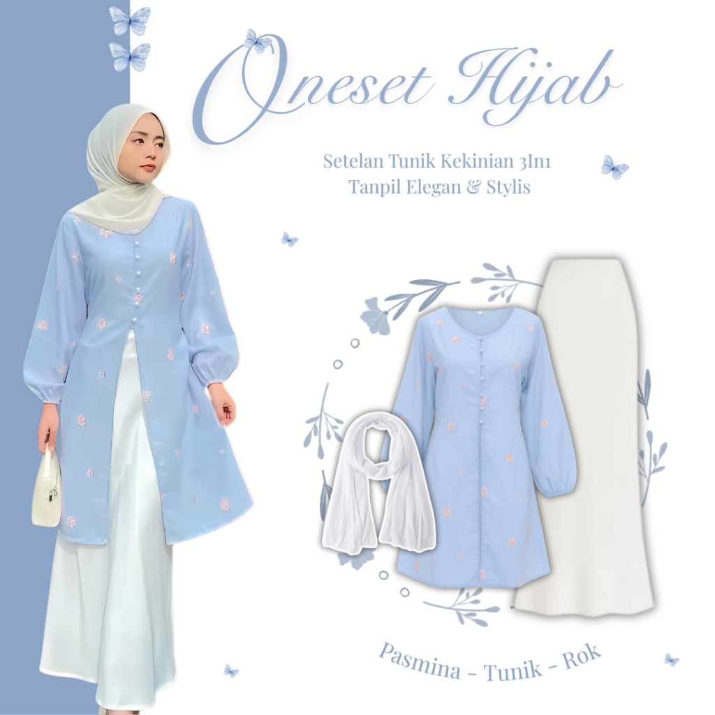 One Set Hijab 3In1 l Tunik Slit Rok Mermaid Pasmina Ceruty l OOTD Syar'i l Setelan Outfit Wanita Mod