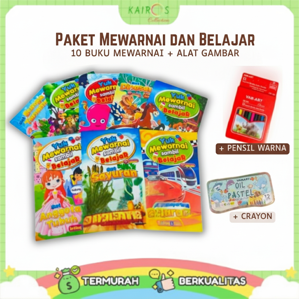 Paket Mewarnai 10 Buku Mewarnai Anak dan Crayon dan Pensil Warna