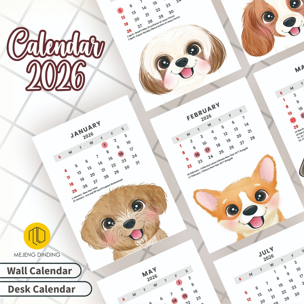 KALENDER 2026 AESTHETIC MOTIF ANJING / KALENDER MEJA / KALENDER DINDING / KALENDER 2026 / Calendar 2