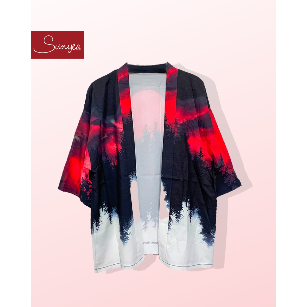 sunyea-kimono haori yukata outer outwear fullprint motif bulan merah unisex pria\wanita D67