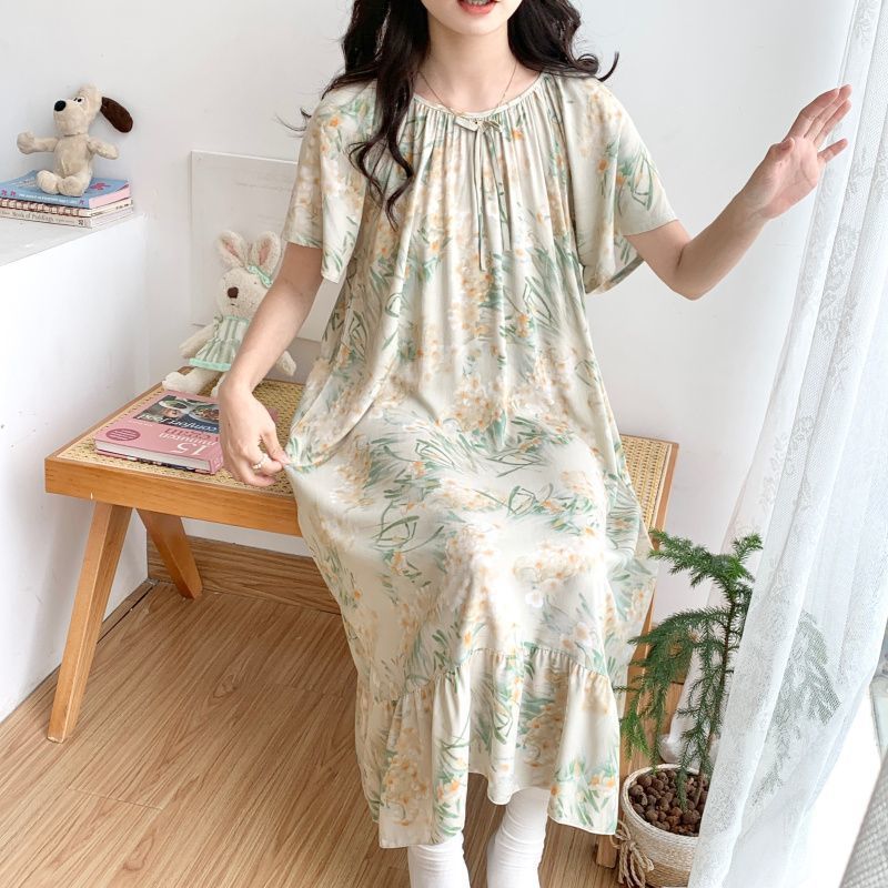 Daster katun wanita jumbo kekinian/sleepwear dress tidur panjang leher kru motif bunga lucu