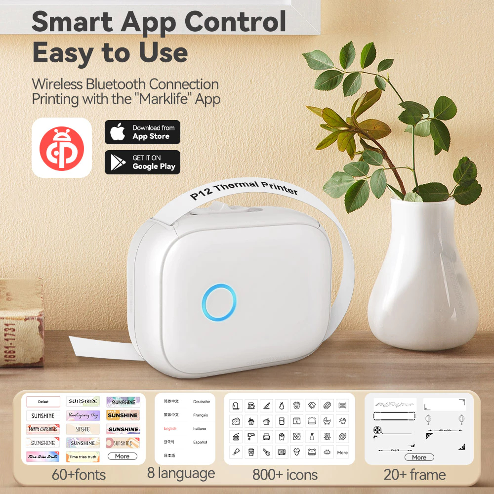 MARKLIFE Portable Inkless Printer P12 Mini Label Printer Bluetooth Label Maker Sticker Printer