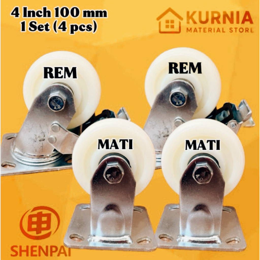 (4PCS) Roda Troli 4 inch 100 mm Nylon Heavy Duty (2 Rem + 2 Mati)