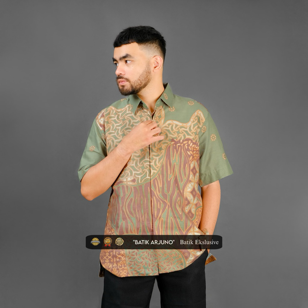 kemeja batik pria lengan pendek Premium Lapis Furing Ekslusive Sage Mocca