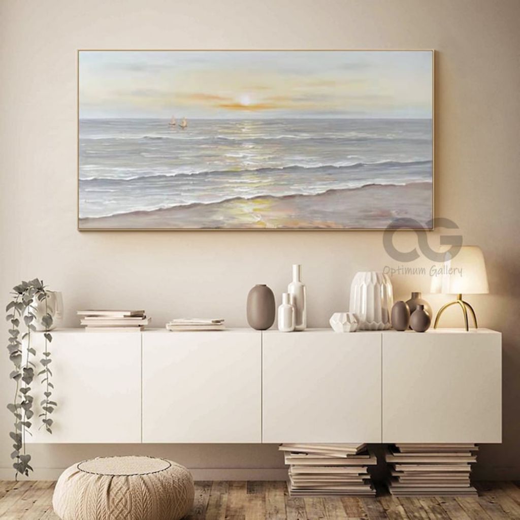 Lukisan pemandangan laut tekstur timbul.