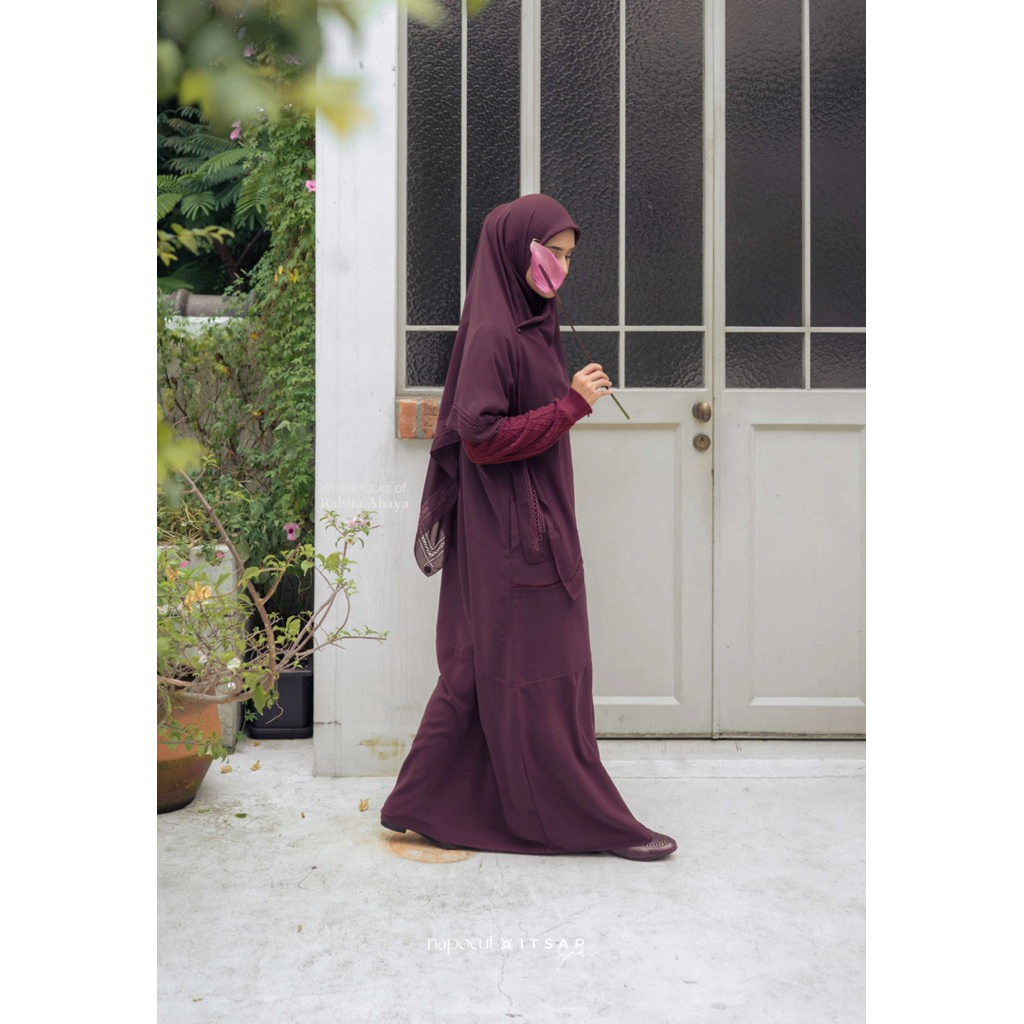 SOLD sisa mecca knit oatmeal M Preloved itsar syari Rabita Knit Abaya Dark Cherry MAZEN dress cotton