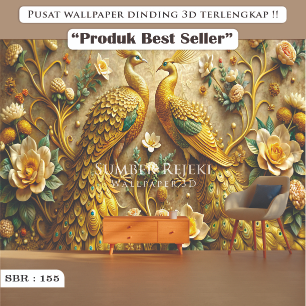 Stiker Wallpaper Hiasan Dekorasi Dinding ruang Tamu Motif Merak 3D, Wallpaper Sticker Vynil Merak 3D