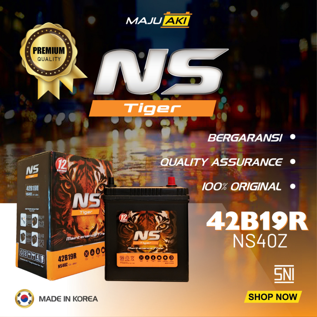 Aki Mobil 40Ah 12V Aki Kering Premium NS Tiger MF NS40Z 42B19R Tahan Lama Kualitas Korea