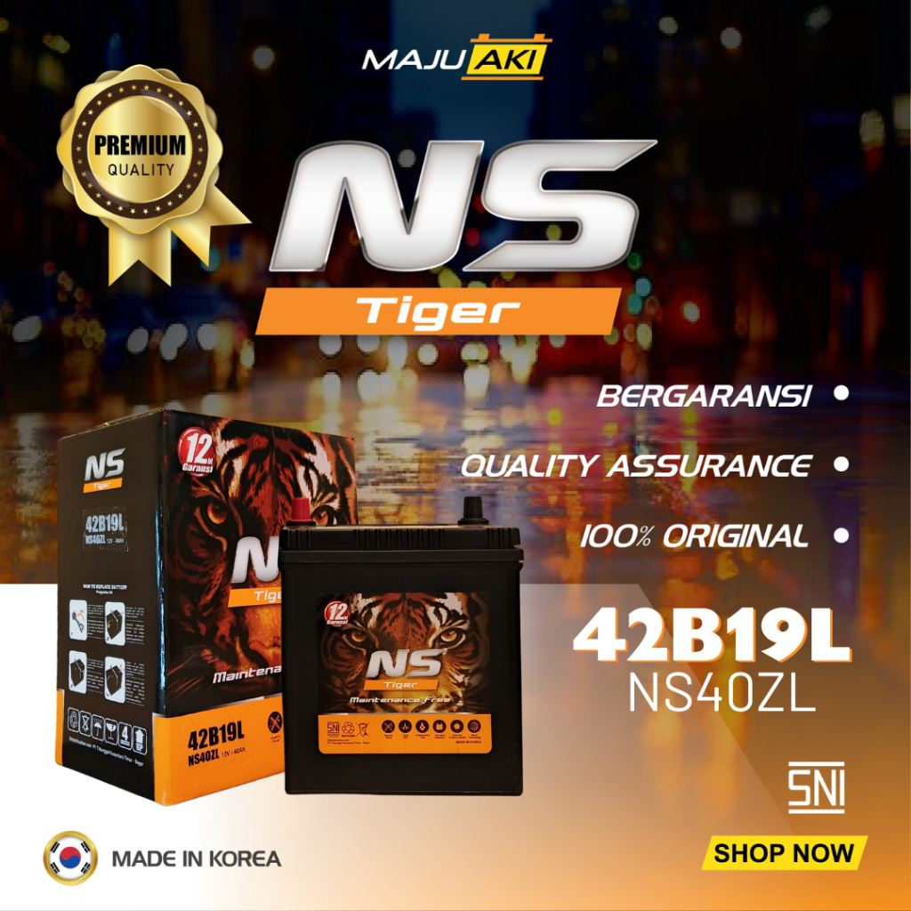 Aki Mobil 40Ah 12V Aki Kering Premium NS Tiger MF NS40ZL 42B19L Tahan Lama Kualitas Korea