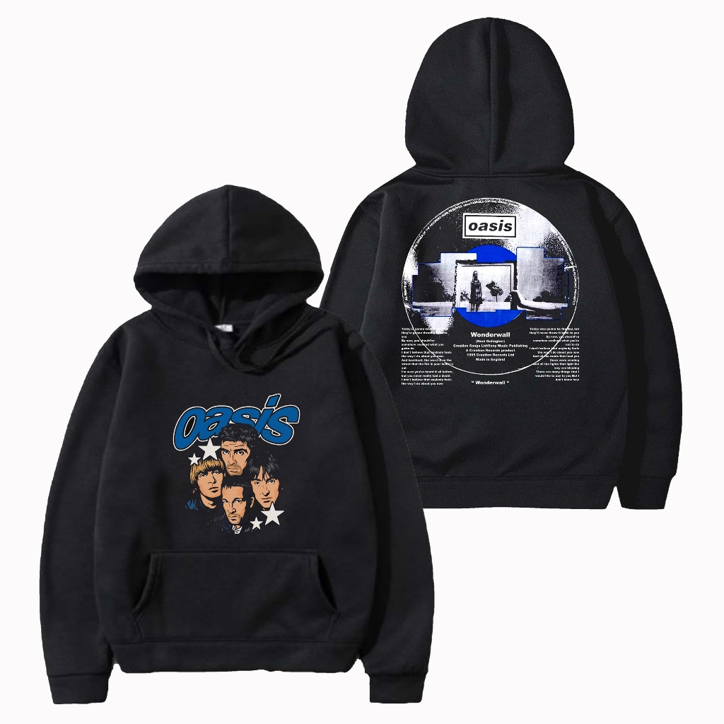 Yinyanks Sweater Pullover Hoodie Oasis Personil Album Wonderwall warna hitam unisex