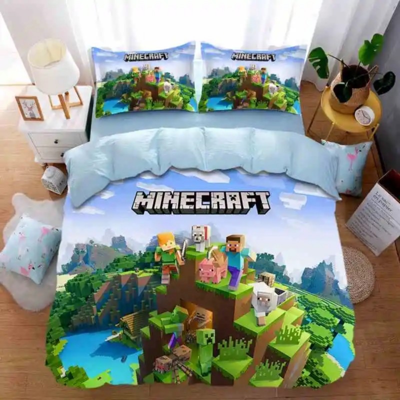 1.2X2M 2Pcs/Set Selimut/Sarung Bantal Katun Tema Minecraft / Selimut Karakter Minecraft