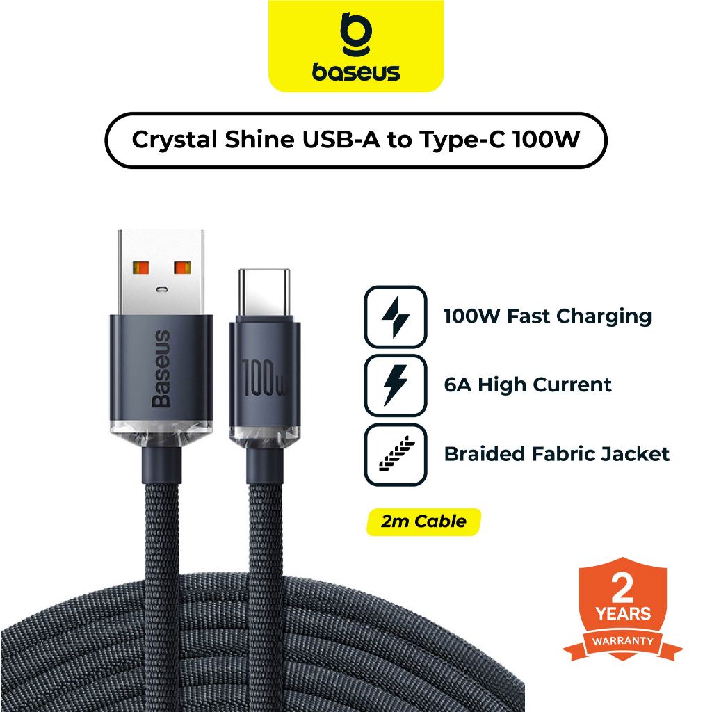 BASEUS Kabel Data Crystal Shine Charger USB to Type-C 100W 6A 2M / 1.2M Fast Charging - Garansi 2 Ta