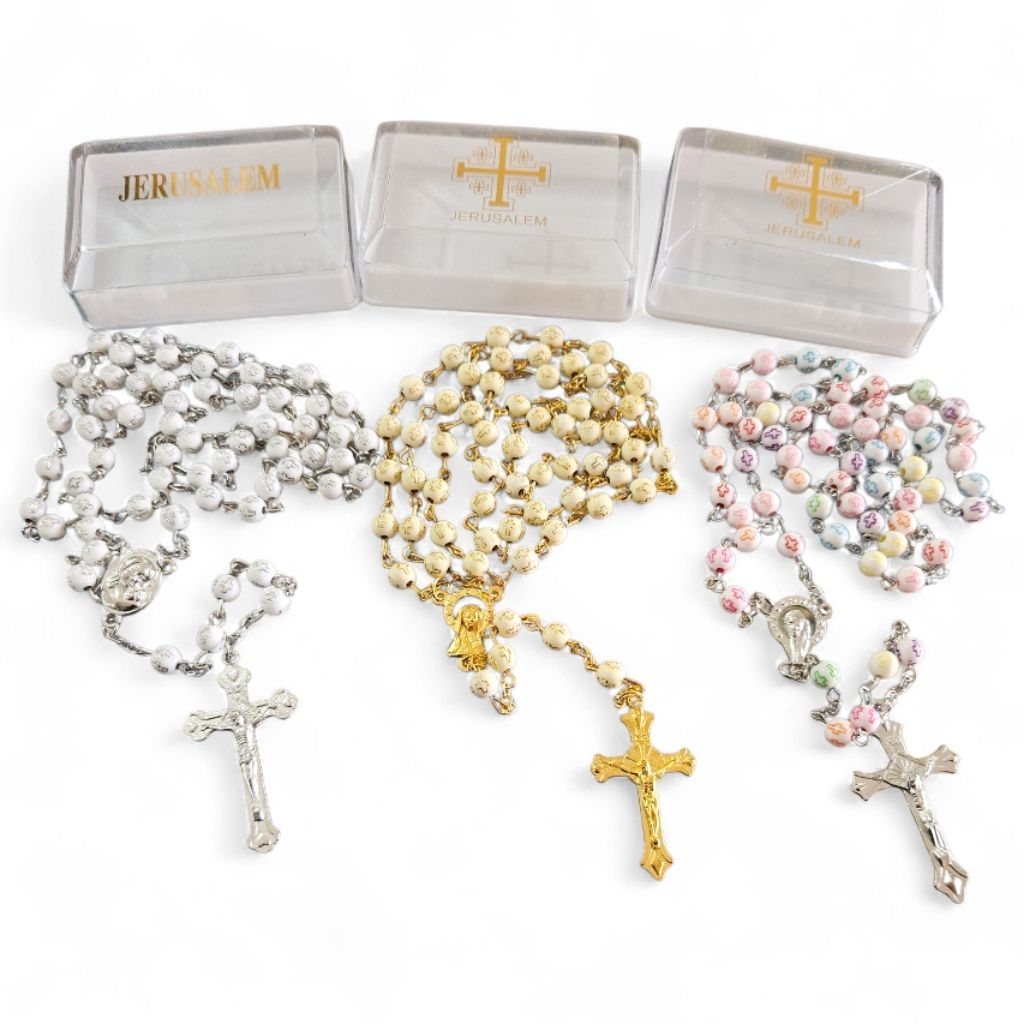 Rosario Kotak Jerusalem 6mm Classic Cross Golden Silver Rainbow