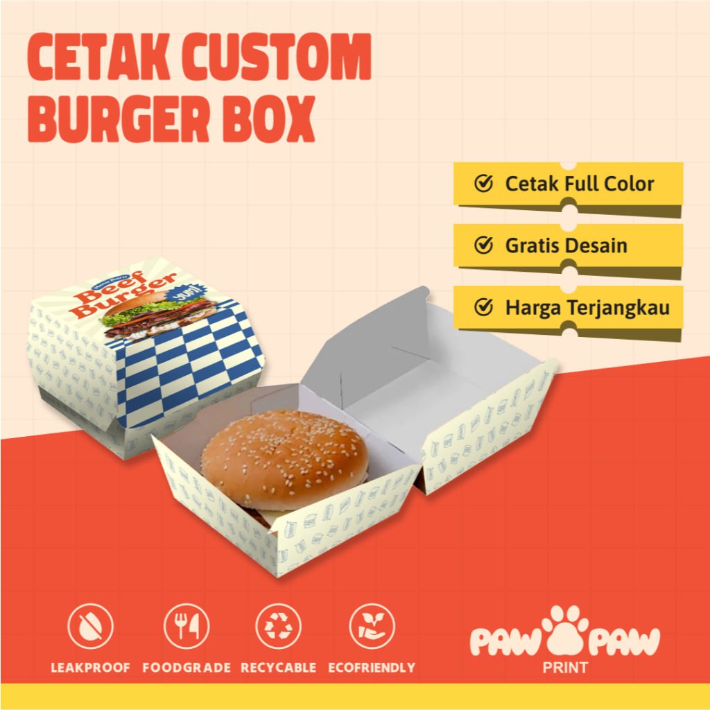Burger Box Free Custom Design Min. Order 1000pcs - Bahan Ivory270gr