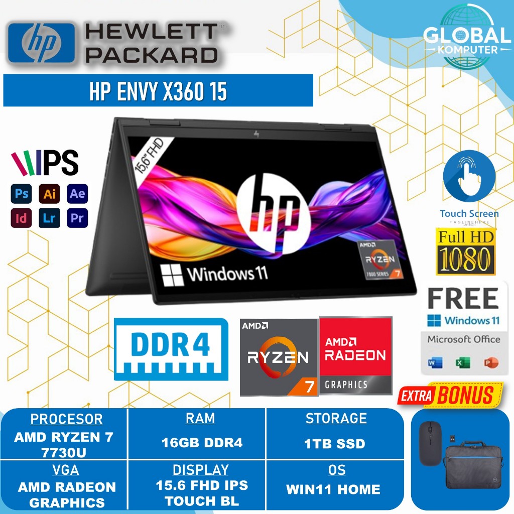 Laptop Hp Envy X360 15 Amd Ryzen 7 7730U 16GB 1TB SSD 15.6 Fhd Ips Touch BL Win11Home