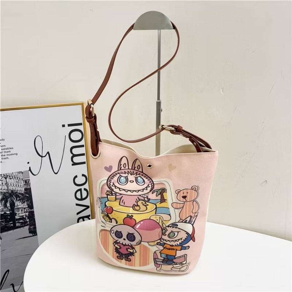 TB05 Tas Selempang Motif Labubu Tote bag Kanvas Tas Selempang Wanita Lucu