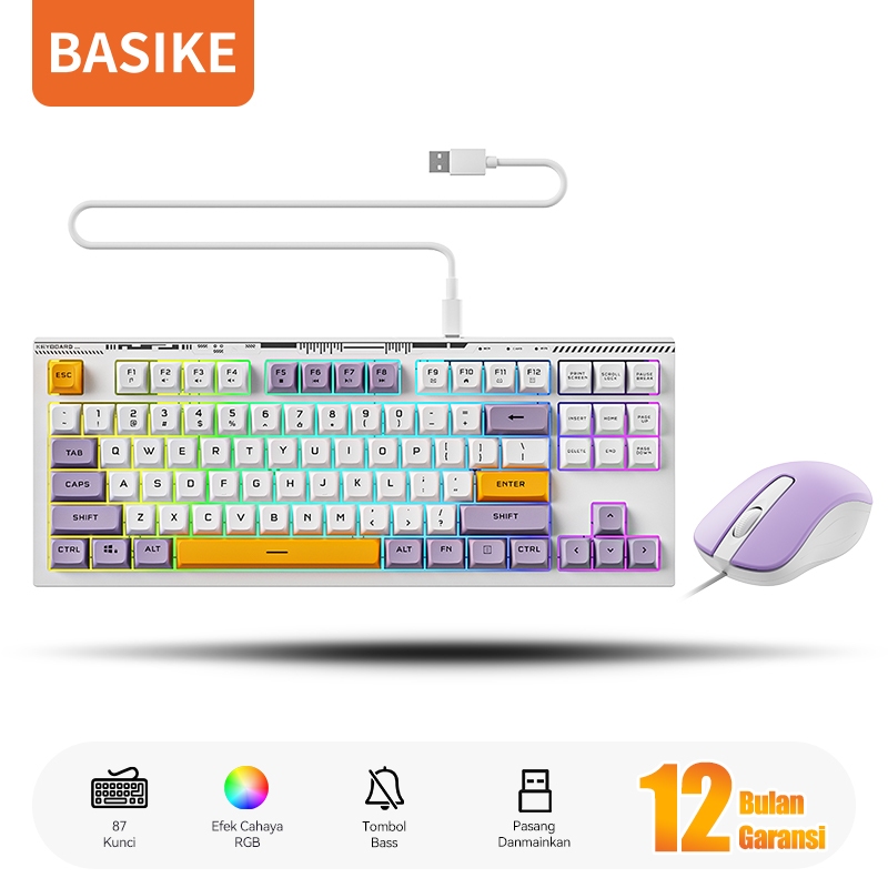 (HOT)BASIKE Keyboard Mouse 1 Set Wired kabel USB untuk Laptop Komputer Tablet Silent Mini pink lucu