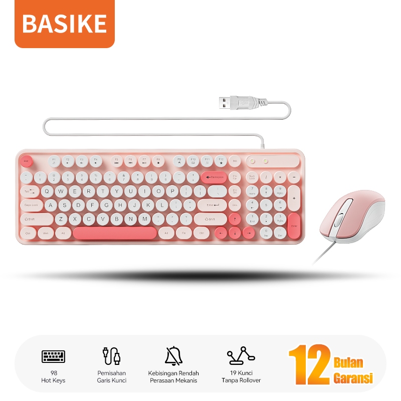 BASIKE Keyboard Mouse 1 Set Wired Kabel USB Silent Click pink Office for Laptop Komputer Tablet Asli