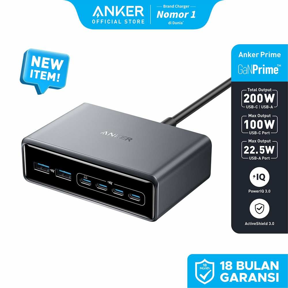 Anker Prime Charger 200W 6 Port GaN Charging Station USB C PD Fast Charging desktop Charger, Compati