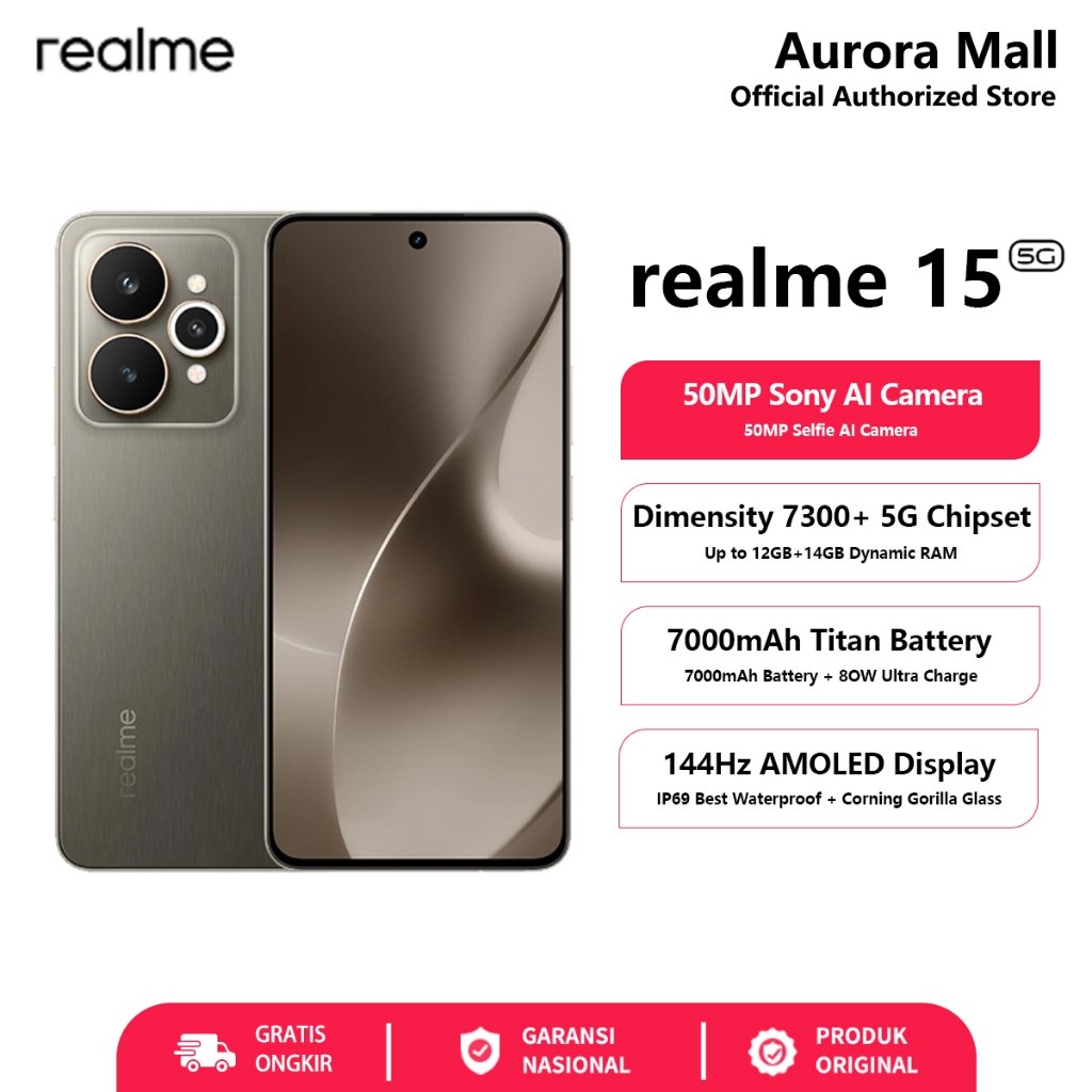 Hp realme 15 5G 8/256GB 12/256GB RAM 12GB+14GB Extended ROM 256GB realme Terbaru 2025 Garansi Resmi
