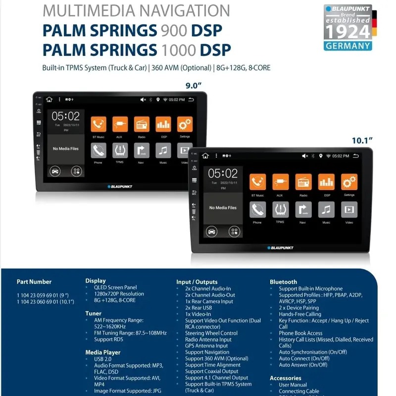 Blaupunkt Android Palm Springs 9Inch - 10Inch - 8+128GB, Layar QLED 1280x720P, Bluetooth, Radio AM/F