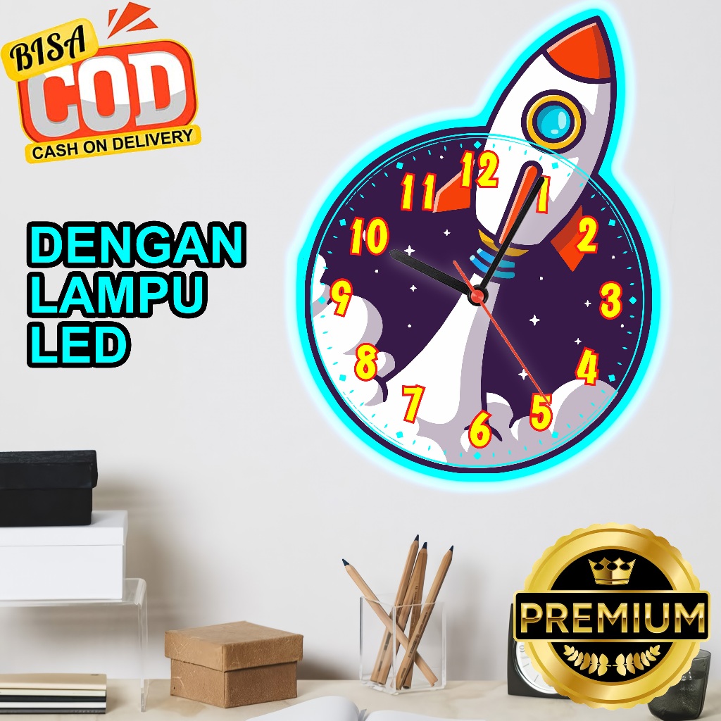 Jam Dinding ROKET dengan lampu LED HOME Sweet Home Hiasan dinding Ruang tamu/ kamar tidur