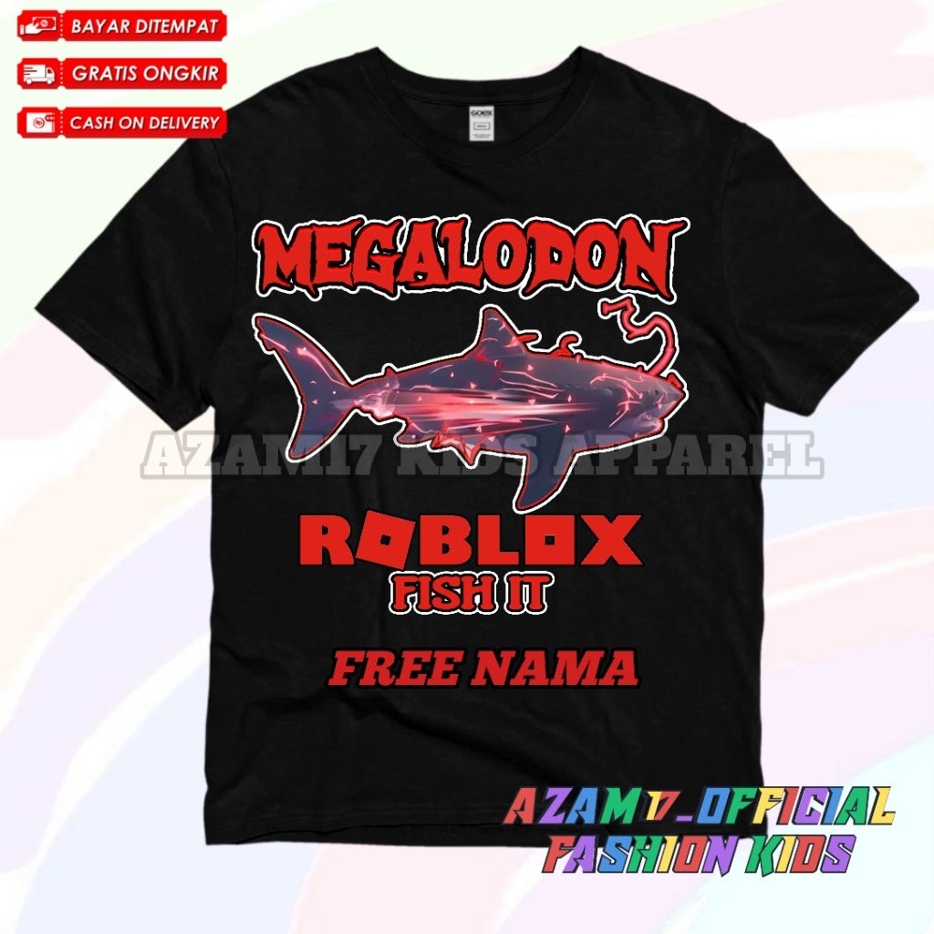 (BISA COD) Kaos Anak Baju Anak Roblox Fish It Megalodon Free Nama / Kaos Tshirt Anak Game Roblox Fis