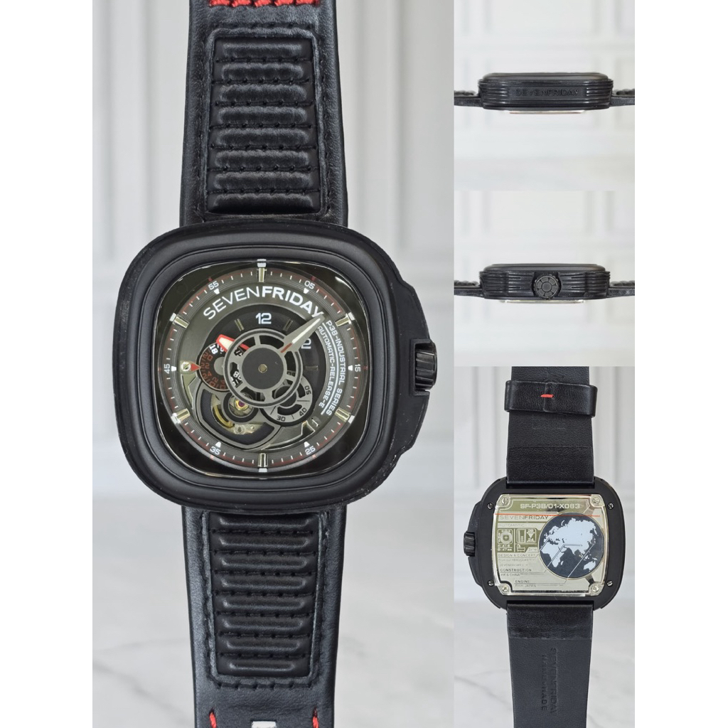 jam tangan automatic seven friday tali kulit hitam dial ukuran 47mm