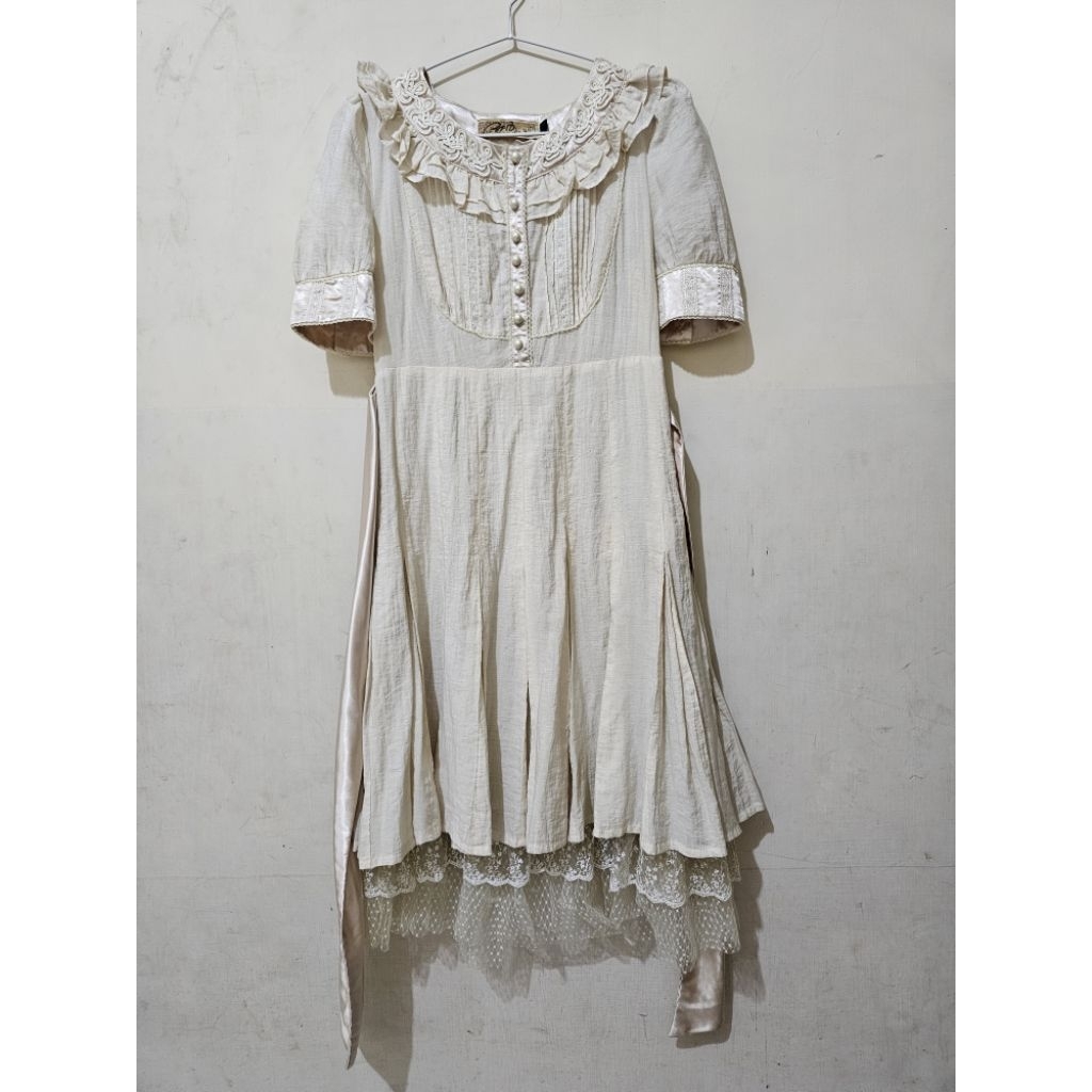 Preloved Edwardian Vintage Style White Lace Linen Ivory Dress