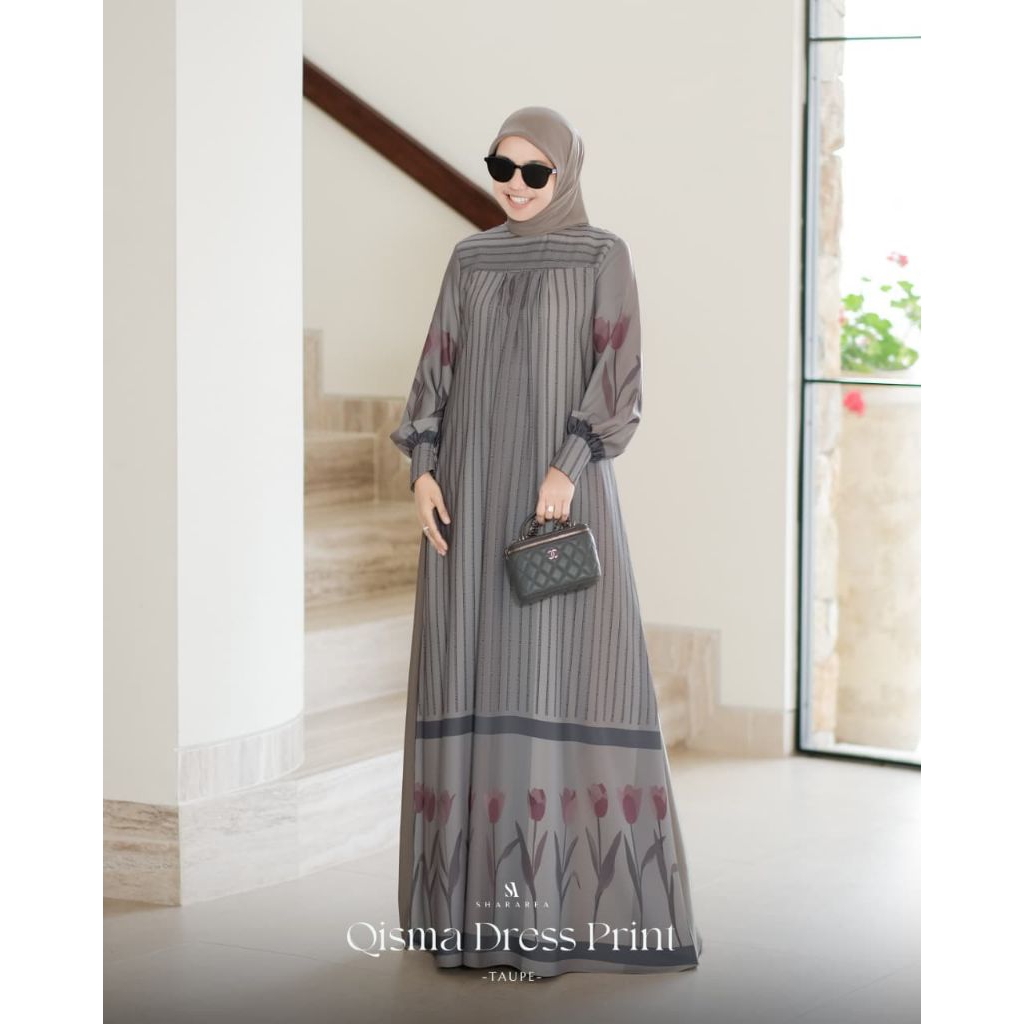 GAMIS ABAYA QISMA PRINTING TULIP FLORAL AND FONT SHARAREA STRIPE PATTERN ACCENT ORIGINAL BY SHARAREA