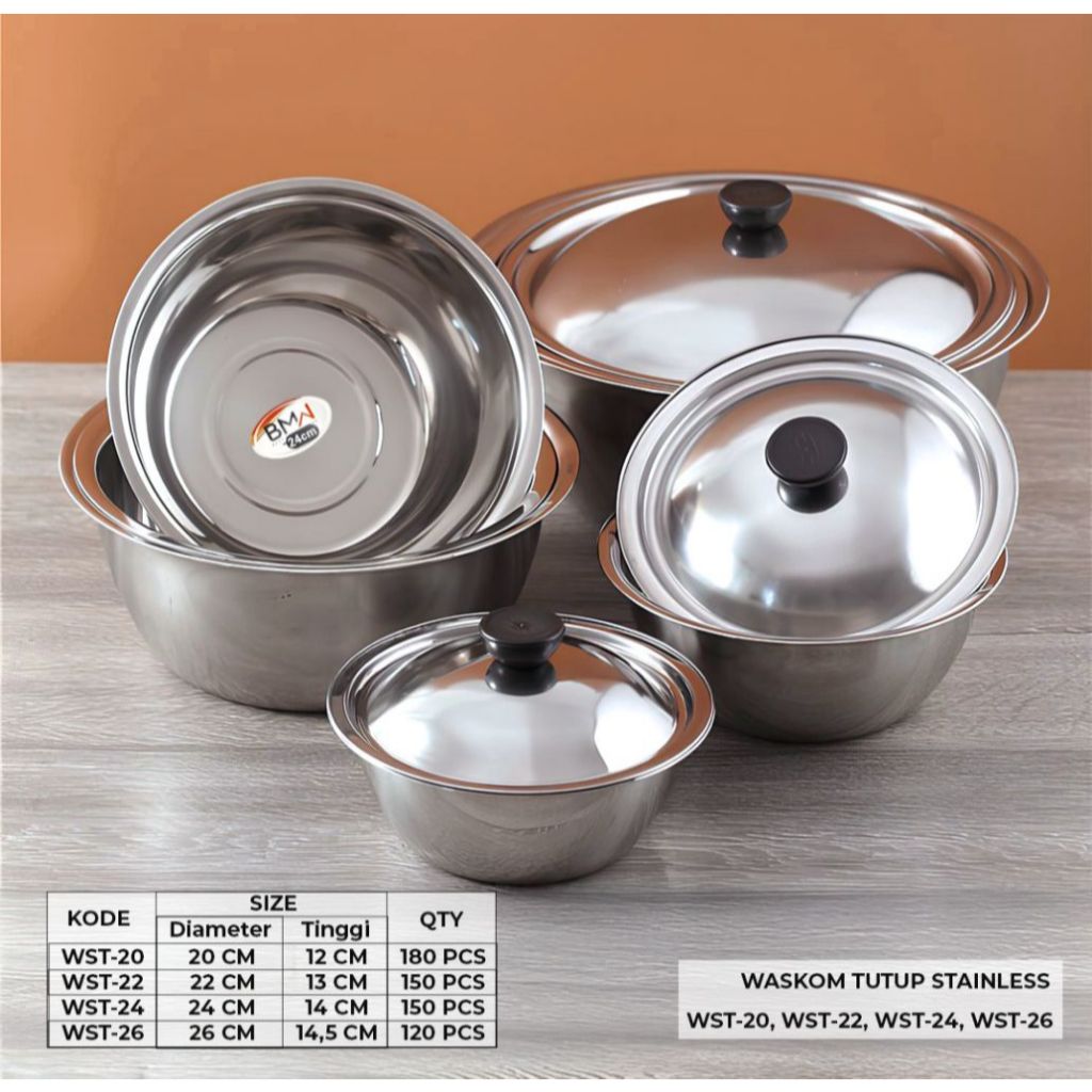 IS - BASKOM TUTUP STAINLESS STEEL UKURAN 20CM 22CM 24CM 26CM DENGAN TUTUP SERBAGUNA - BASKOM + TUTUP