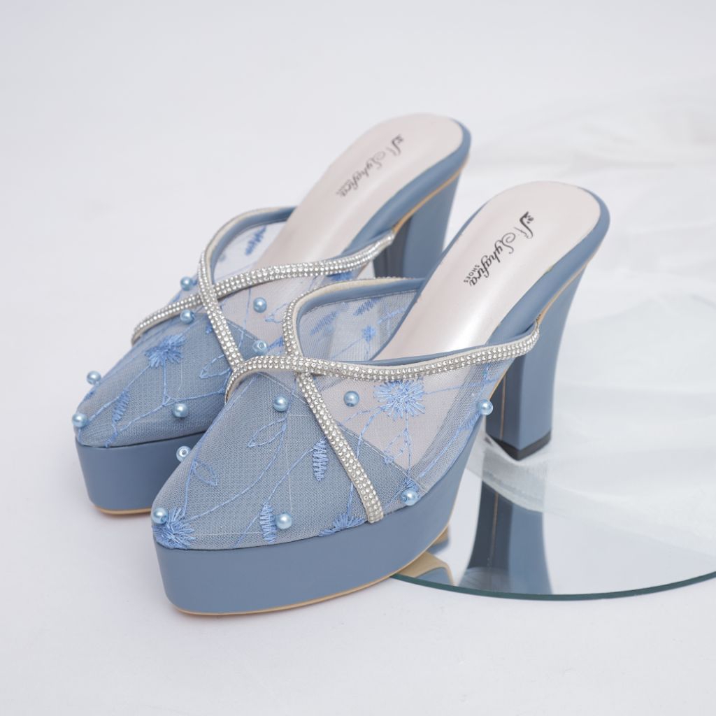 syhafira - selop pesta heels undangan biru denim hak tahu 10 cm