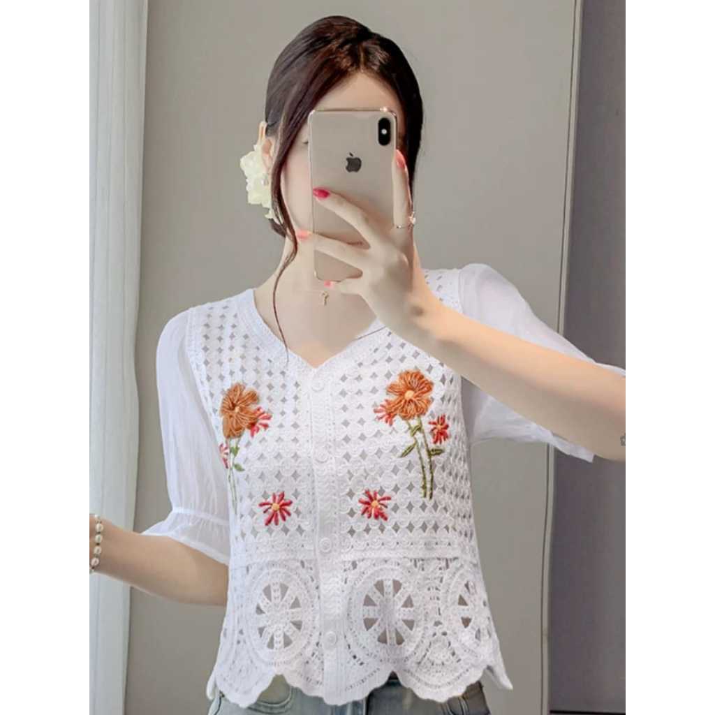 Atasan Kemeja Rajut Wanita Motif Bunga Bunga Import Premium