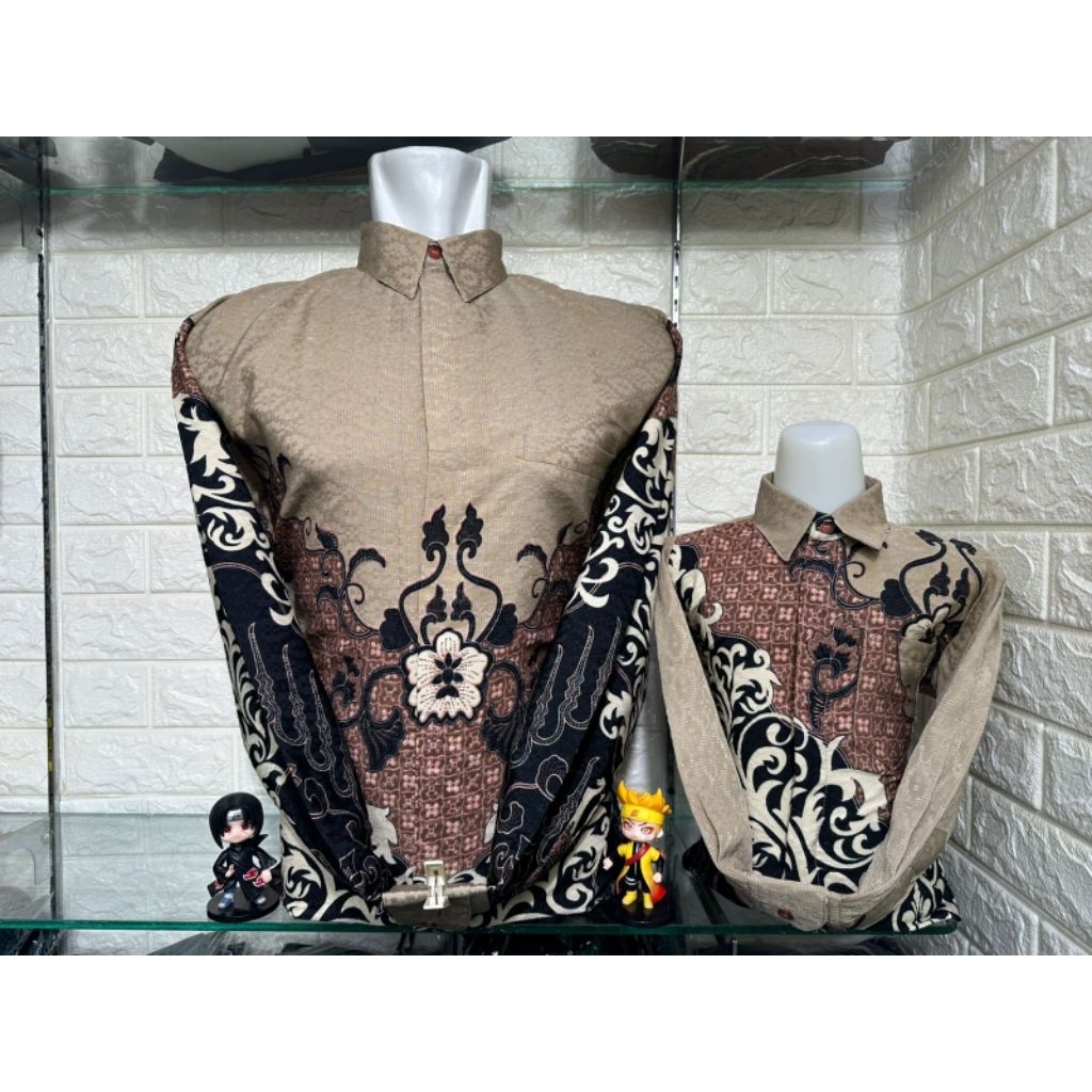 Kemeja Batik Dobby Warna Cream Lengan Panjang Batik Ayah Dan Anak Ayah Pakai Furing hero Anak No Fur