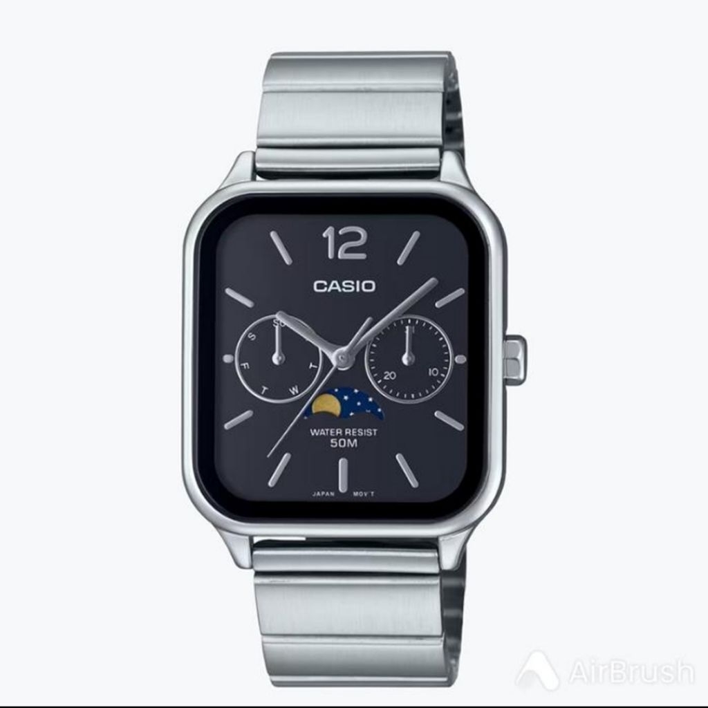 jam tangan Casio moon phase hitam original strap stainless steel