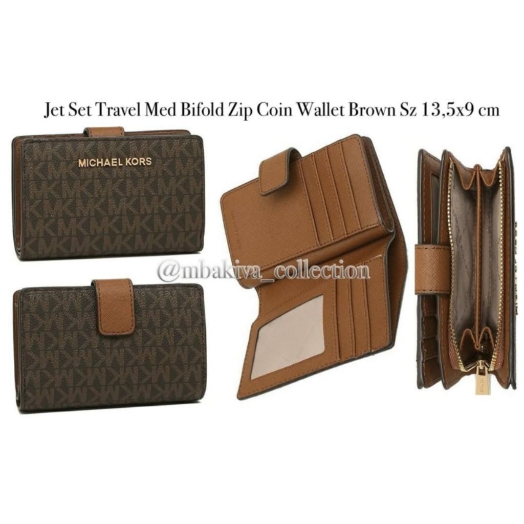 MK Jet Set Travel Med Bifold Zip Coin Wa allet Brown