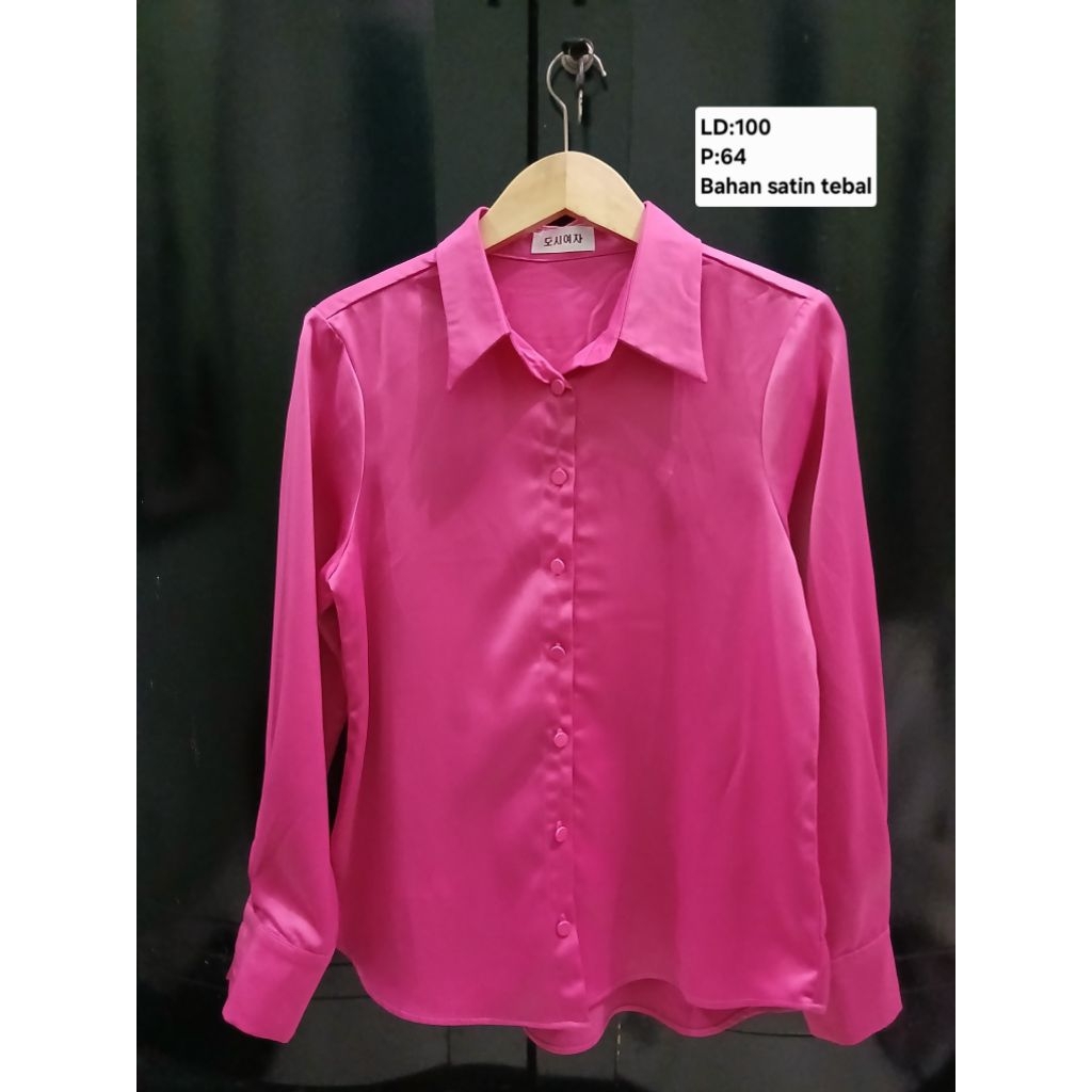 (COD)Atasan kemeja satin wanita warna pink fuchia/pink fanta