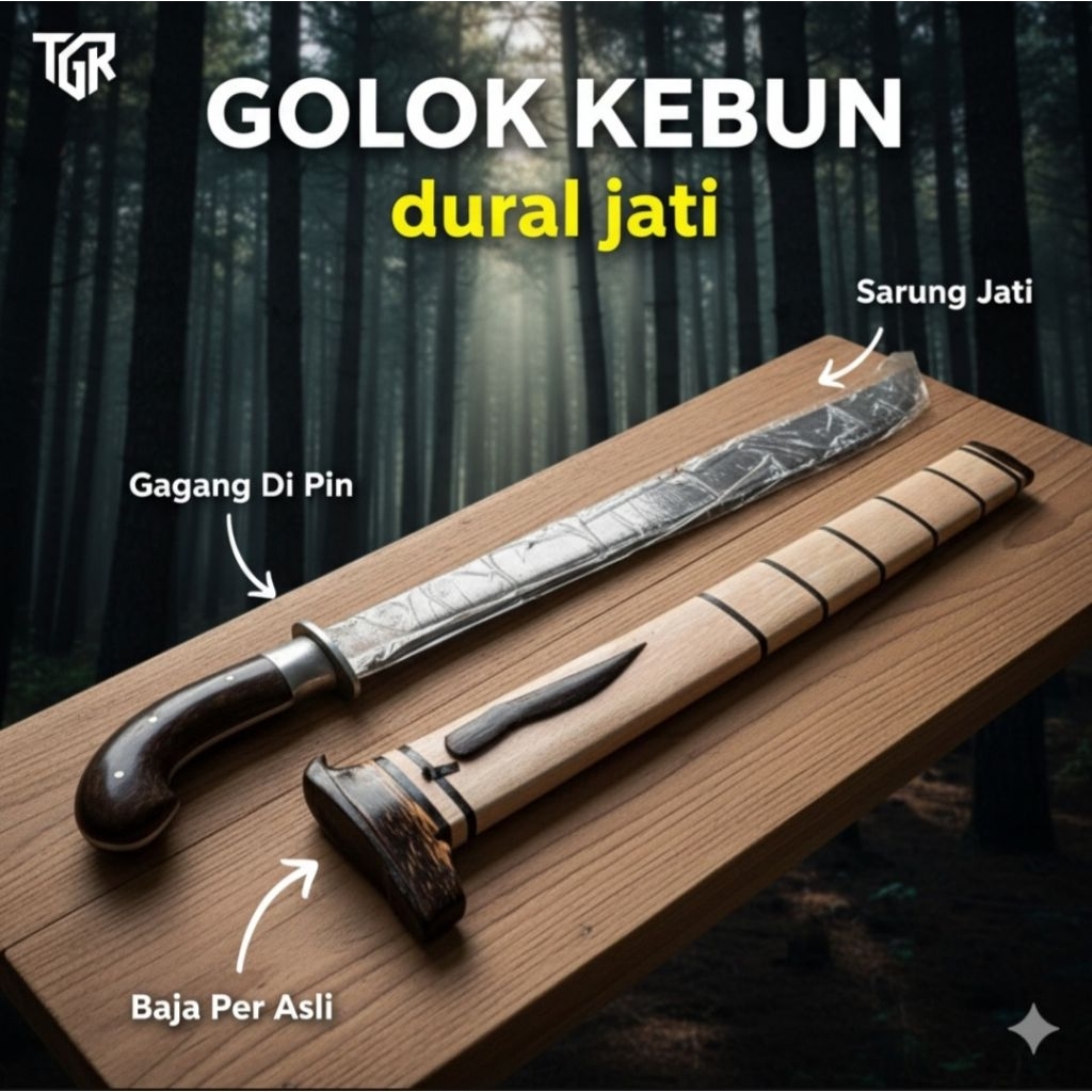 Golok Kebun Dural Jati Baja Per Asli dengan Gagang Dipin dan Sarung Kayu Jati cocok buat berkebun da