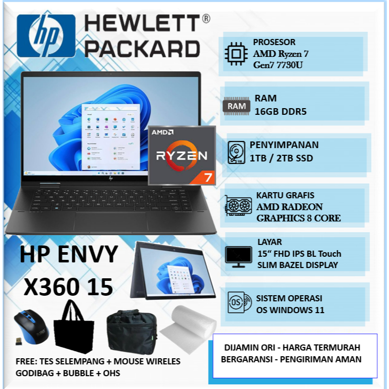 Laptop Coding HP ENVY X360 15 Amd Ryzen 7 7730U 16GB 1TB 15"FHD IPS Touchscreen BL Win11 Home