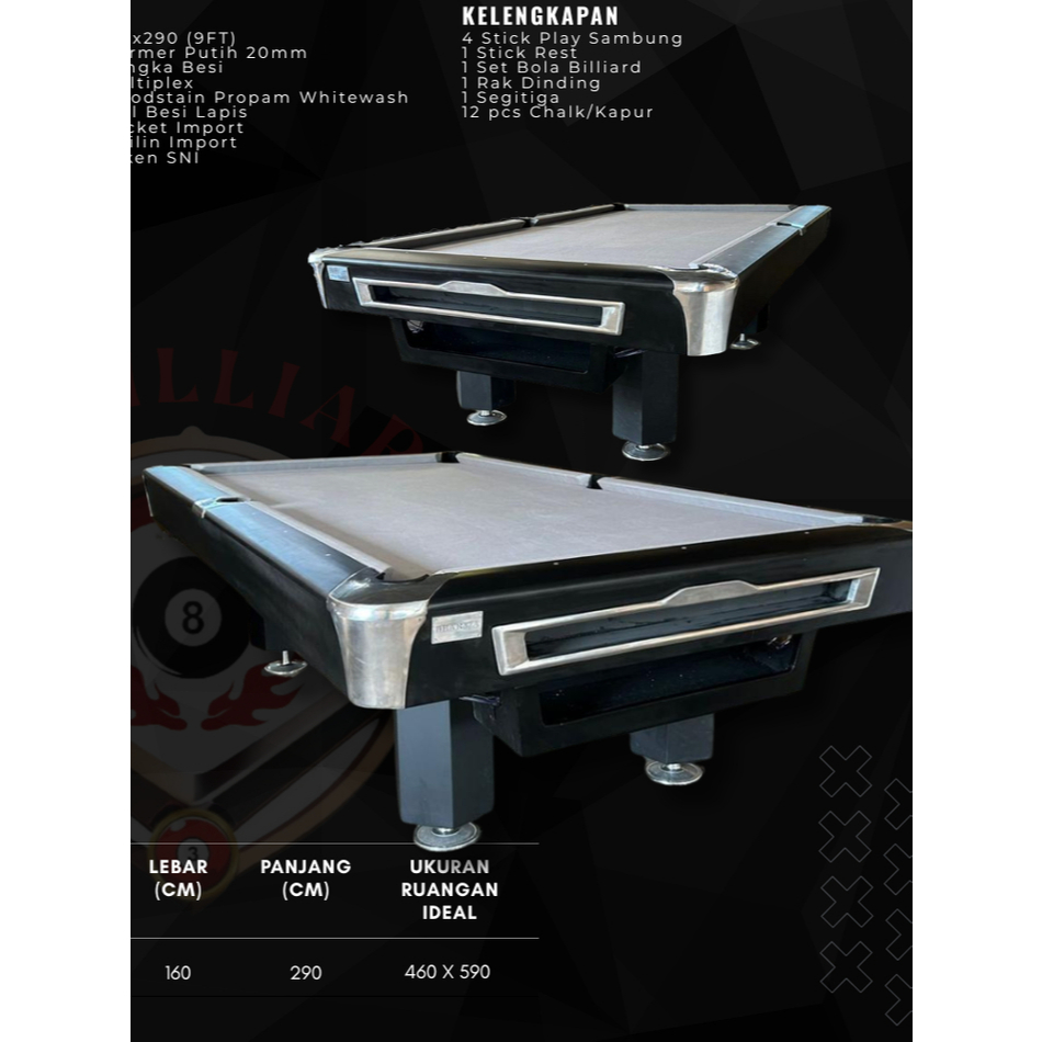 Meja Billiard VARATA Gen2 9 Feet – Meja Billiard Besi Kokoh Presisi Full Set (Stick, Bola, Rak, Kapu