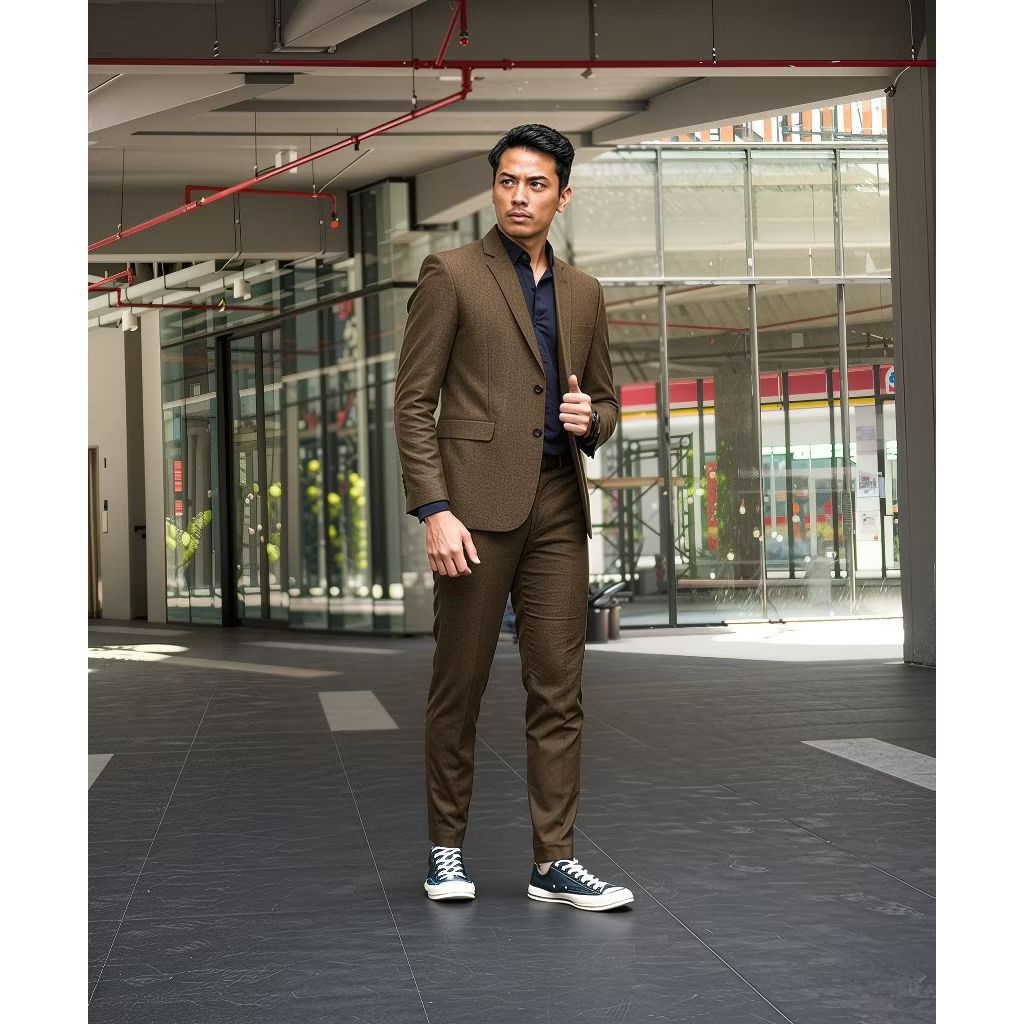 Setelan jas pria coklat tua fit