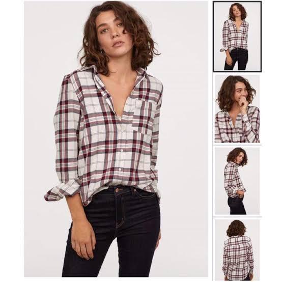 H&M Shirt - Navy Red Checkered - Baju Atasan Kemeja Lengan Panjang Motif Kotak-Kotak Wanita Branded 