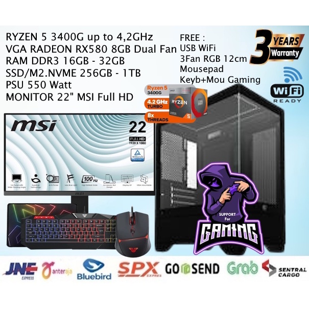 PC GAMING Fullset RYZEN 5 3400G 4,2GHz|RAM 32GB|VGA Radeon RX 580 8GB|NVME 1TB|Monitor 24"|Keyboard+