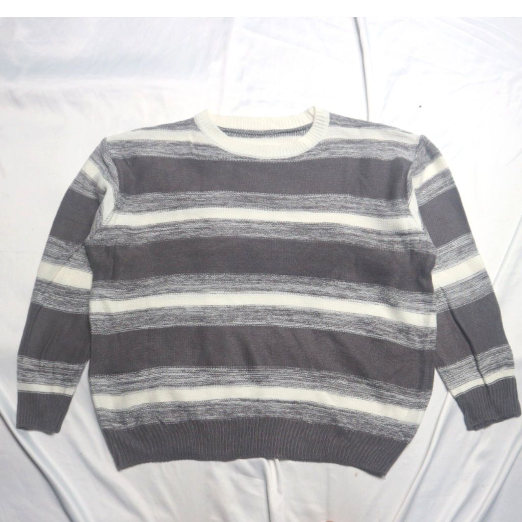 ( NO NEGO) Stripe Salur Knit Abu Putih Motif Knitwear Sweater Sweatshirt Crewneck Rajut Wool Jaket
