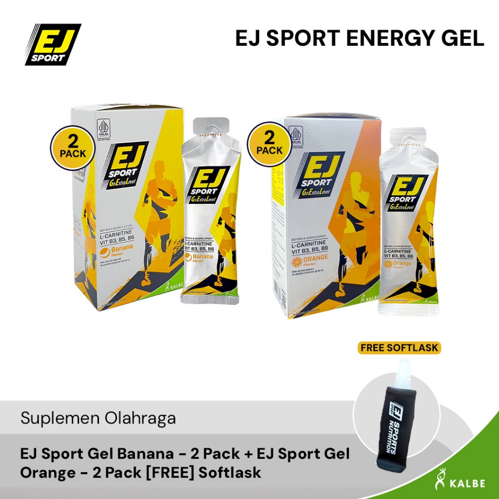 EJ Sport Banana 2 Pack + EJ Sport Orange 2 Pack | Suplemen Lari & Olahraga, Gel Energi dengan L-Carn