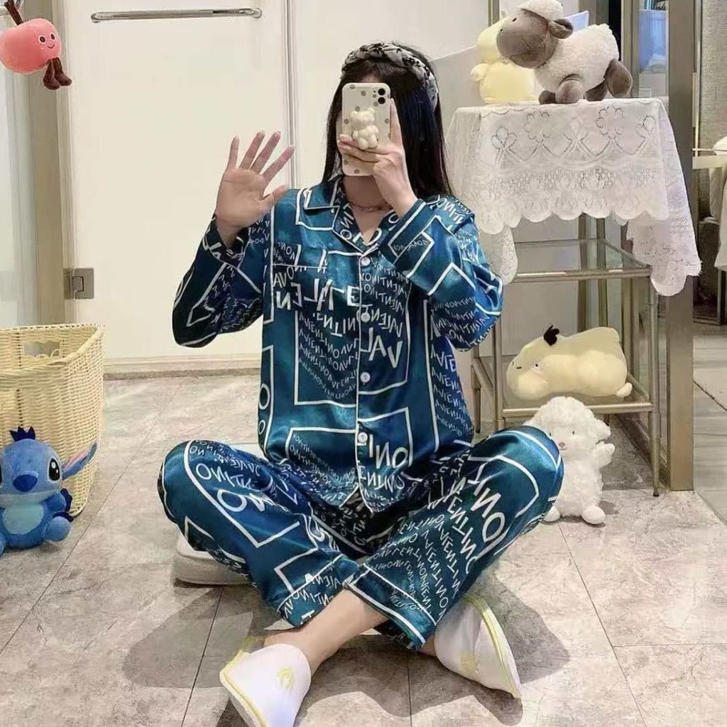 piyama satin busui/piyama satin import piyama motif/baju tidur panjang/setelan satin panjang